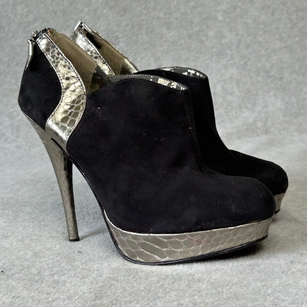Vintage Guess Black Suede Ankle Boots Silver Metallic Trim Platform Heels 8M 90s